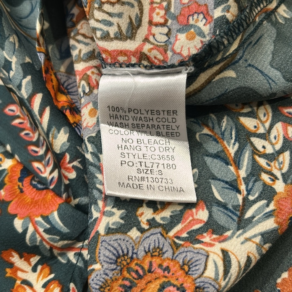 Umgee Boho Green Orange Floral Print Blouse Top V-Neck Long Sleeves Ruffle Small - Picture 11 of 11